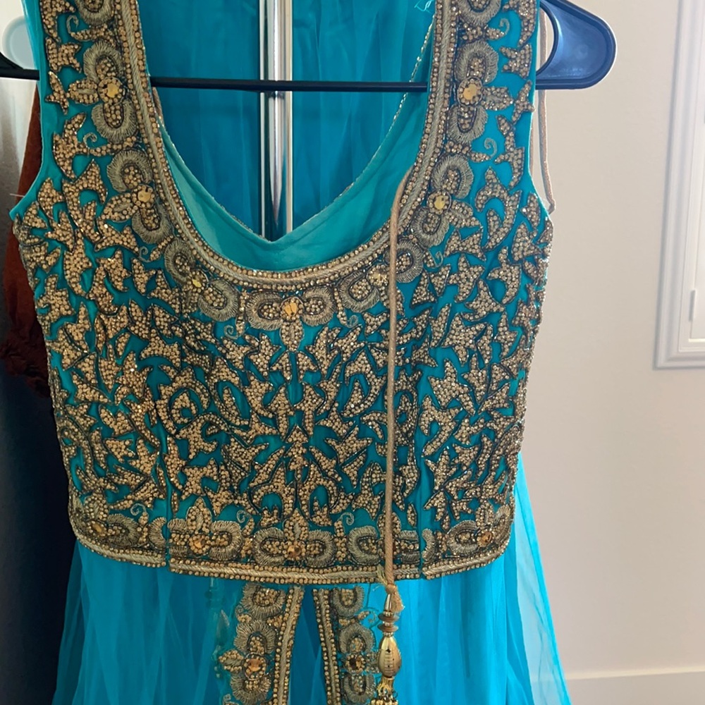 Blue and gold Indian outfit